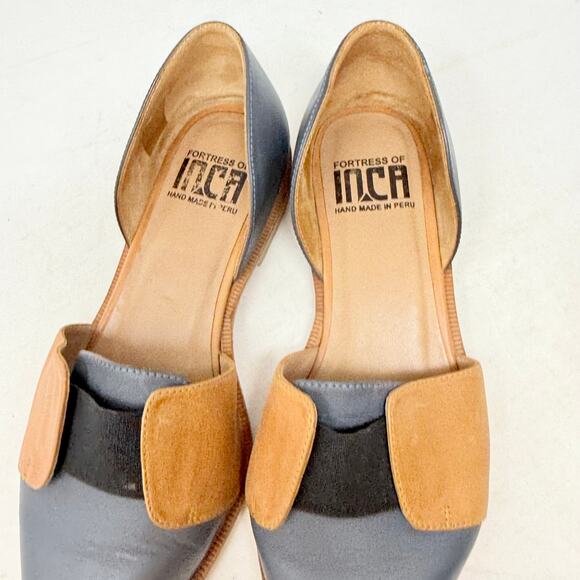 Fortress of Inca Leather Flats Size 7 Two-Tone Blue Tan Pointed Toe D’Orsay - Picture 2 of 12